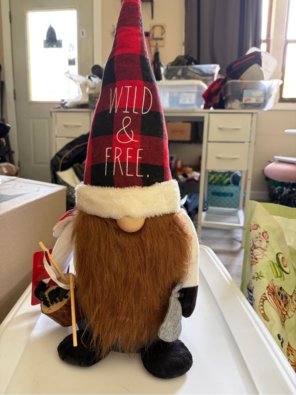 Rae Dunn Red & Black Buffalo Check 'Wild & Free' Gnome